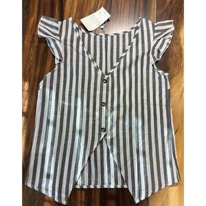 Women’s Ninexis Gray And White Striped V-neck Top W Ruffled Cap Sleeve Sz M